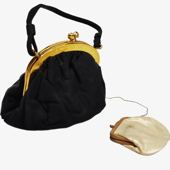 Vintage 1940s DECO Style Black Evening Bag Clutch Attached Chantelle Coin Bag - Picture 2 of 9
